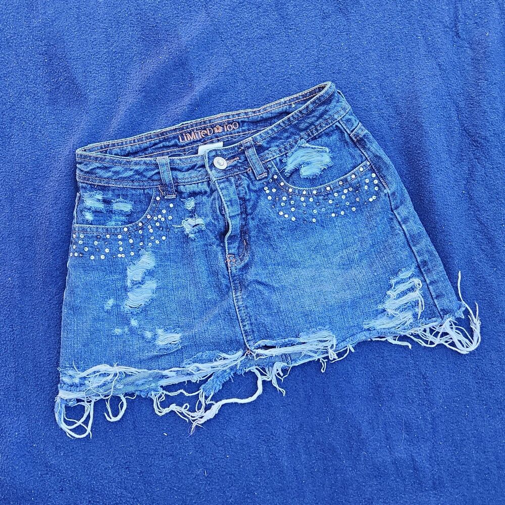Vintage Limited Too Y2K Distressed Rhinestone Denim Skirt Girls 14 Reg Blue Jean